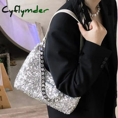 Cyflymder Y2K Fashion Women Shoulder Bag Solid Color Sequin Chain Letter Handbag Korean Style