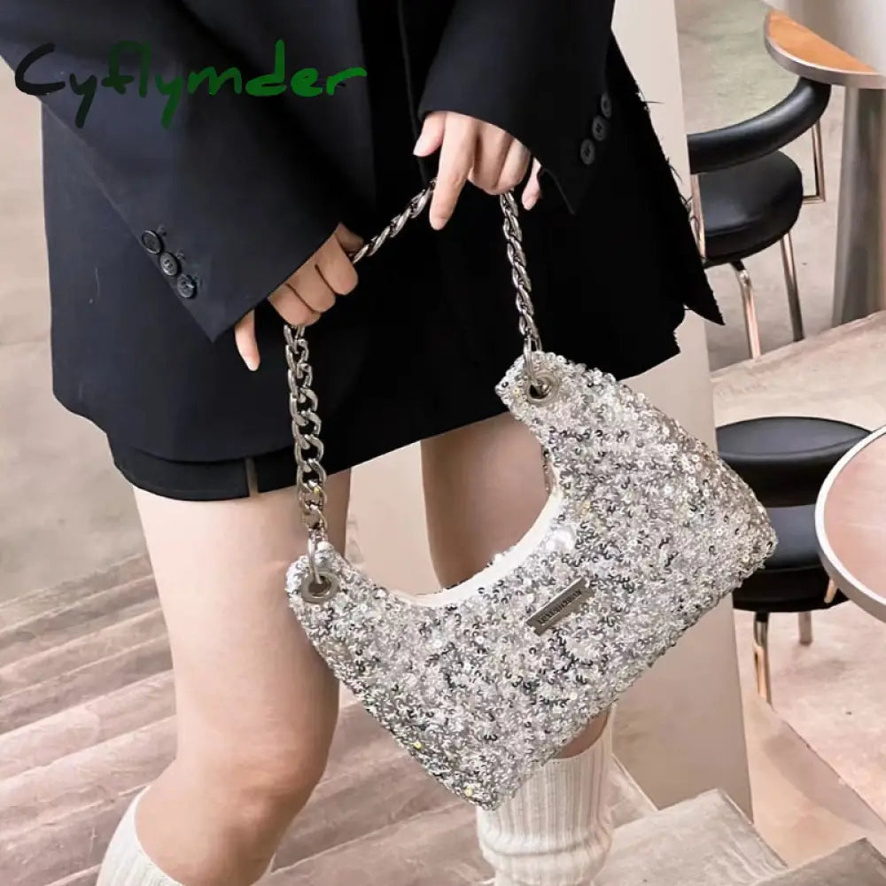 Cyflymder Y2K Fashion Women Shoulder Bag Solid Color Sequin Chain Letter Handbag Korean Style