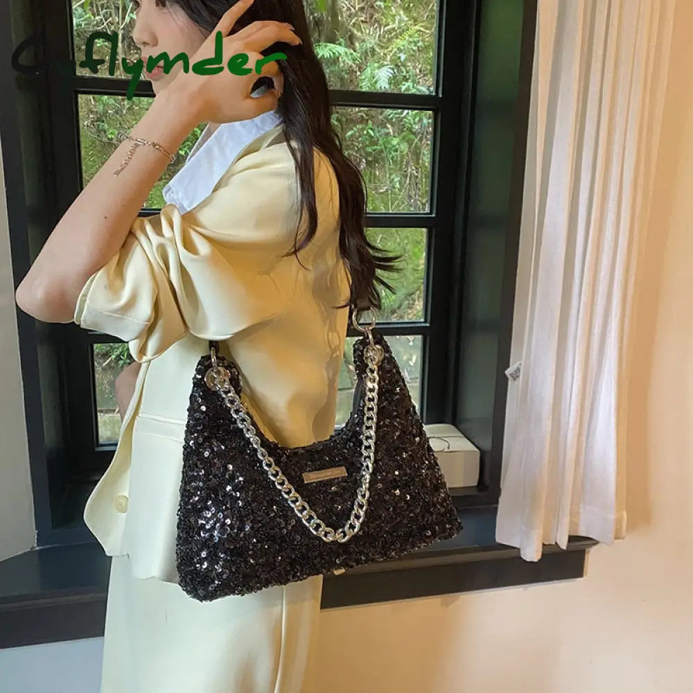 Cyflymder Y2K Fashion Women Shoulder Bag Solid Color Sequin Chain Letter Handbag Korean Style