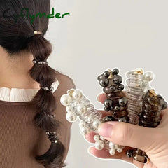 Y2k Heart Design Pearls And Bows Ponytail Elastic Hair Bands Rubber Hair Ties Bundle Scrunchies Telephone Wire Hair Accessories