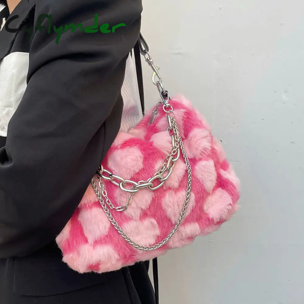 Cyflymder Y2K Hot Girls Pink Love Underarm Bags Soft Plush Heart Pattern Ladies Shoulder Bag Female