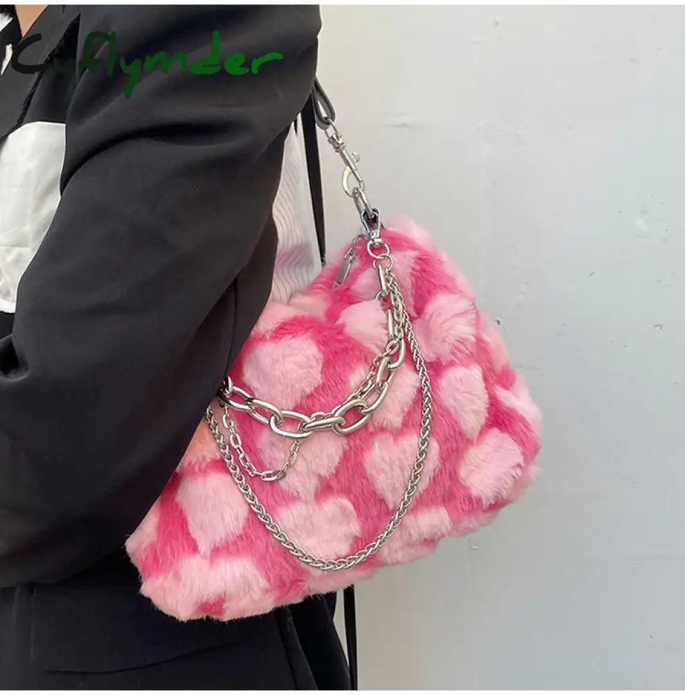 Cyflymder Y2K Hot Girls Pink Love Underarm Bags Soft Plush Heart Pattern Ladies Shoulder Bag Female