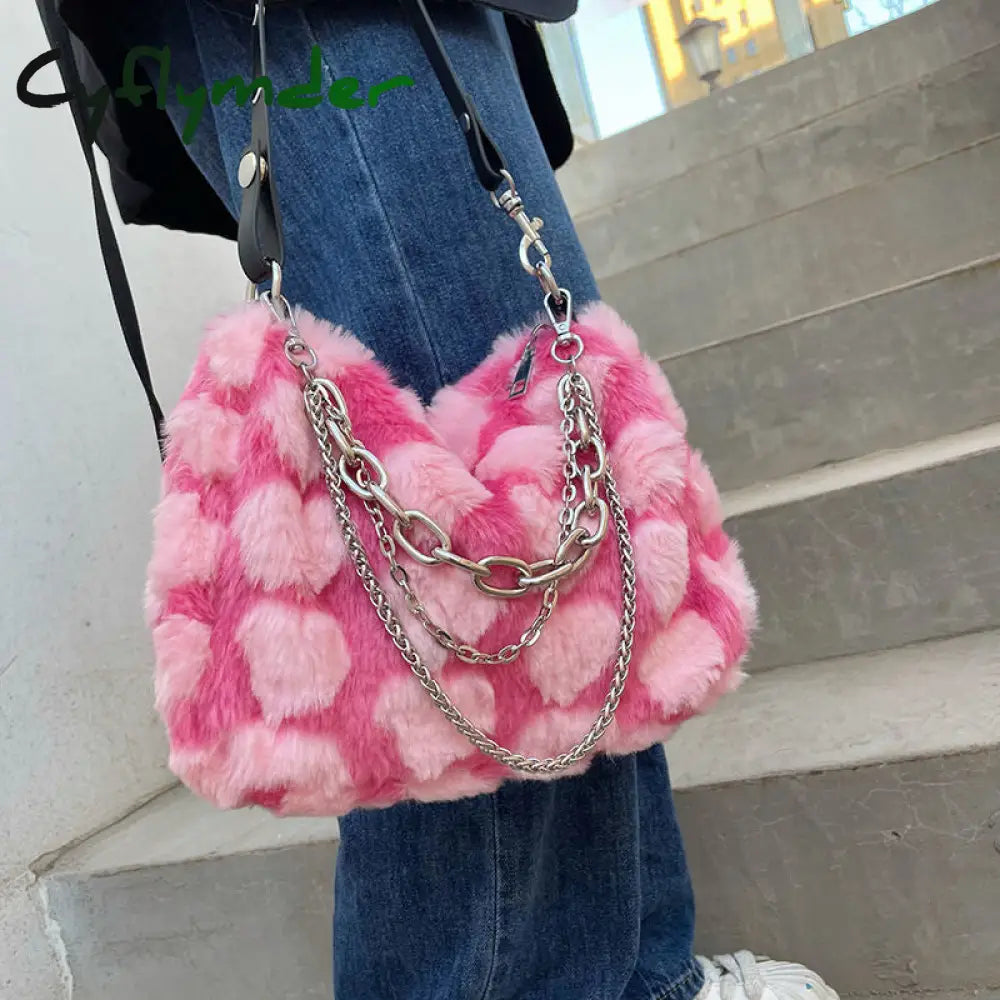 Cyflymder Y2K Hot Girls Pink Love Underarm Bags Soft Plush Heart Pattern Ladies Shoulder Bag Female