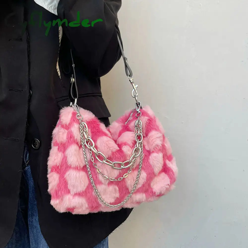 Cyflymder Y2K Hot Girls Pink Love Underarm Bags Soft Plush Heart Pattern Ladies Shoulder Bag Female