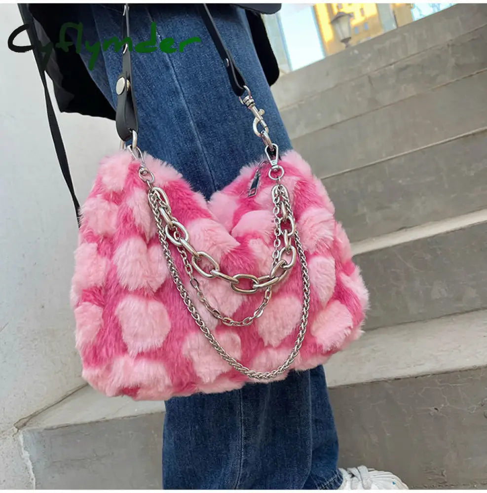 Cyflymder Y2K Hot Girls Pink Love Underarm Bags Soft Plush Heart Pattern Ladies Shoulder Bag Female