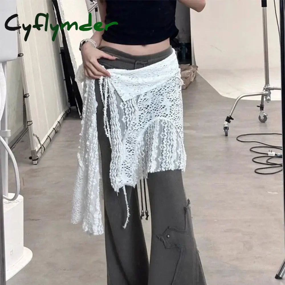 Cyflymder Y2K Irregular Mini Skirts Women Harajuku Aesthetic White Lace Tulle Bandage Skirt Japanese Vintage Hollow Out