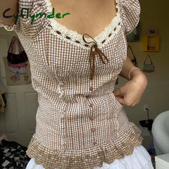 y2k Kawaii Sweet Crop Top Fairycore Gunge Retro Plaid Lace Up Ruffles Hem Tshirt 90s Vintage Puff Sleeve Milkmaid Top Women