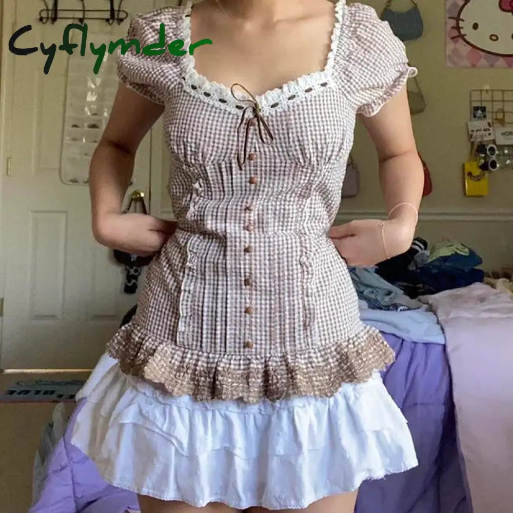 Cyflymder Y2K Kawaii Sweet Crop Top Fairycore Gunge Retro Plaid Lace Up Ruffles Hem Tshirt 90S