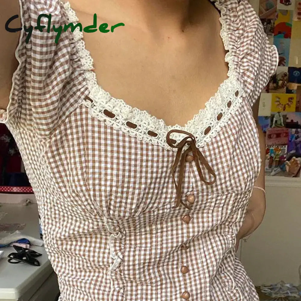 Cyflymder Y2K Kawaii Sweet Crop Top Fairycore Gunge Retro Plaid Lace Up Ruffles Hem Tshirt 90S