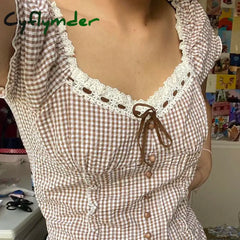 Cyflymder Y2K Kawaii Sweet Crop Top Fairycore Gunge Retro Plaid Lace Up Ruffles Hem Tshirt 90S