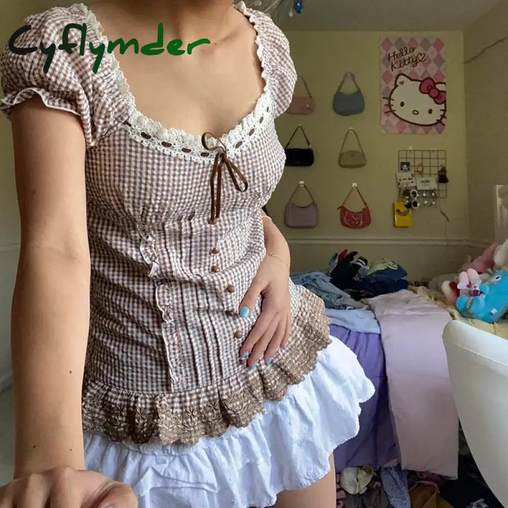 Cyflymder Y2K Kawaii Sweet Crop Top Fairycore Gunge Retro Plaid Lace Up Ruffles Hem Tshirt 90S