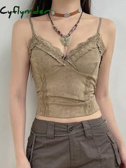 Cyflymder y2k Lace Mini Vest Women Spaghetti Strap Khaki Crop Top Women Harajuku Basic Casual Sweats Vintage Chic Camis