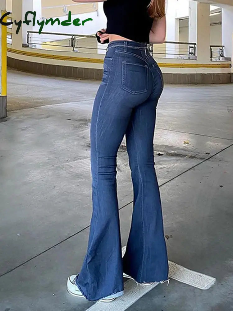 Cyflymder Y2K Ladies High Waist Flared Pants Women Quality Denim Trousers Streetwear Stretch Femme