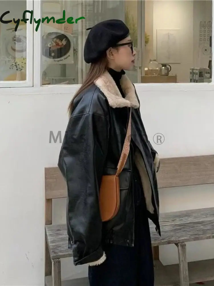Cyflymder Y2k Lapel Long Sleeved Short Leather Jacket Women Vintage Slim Brown Cropped Coat 2024 New Fashion Lady