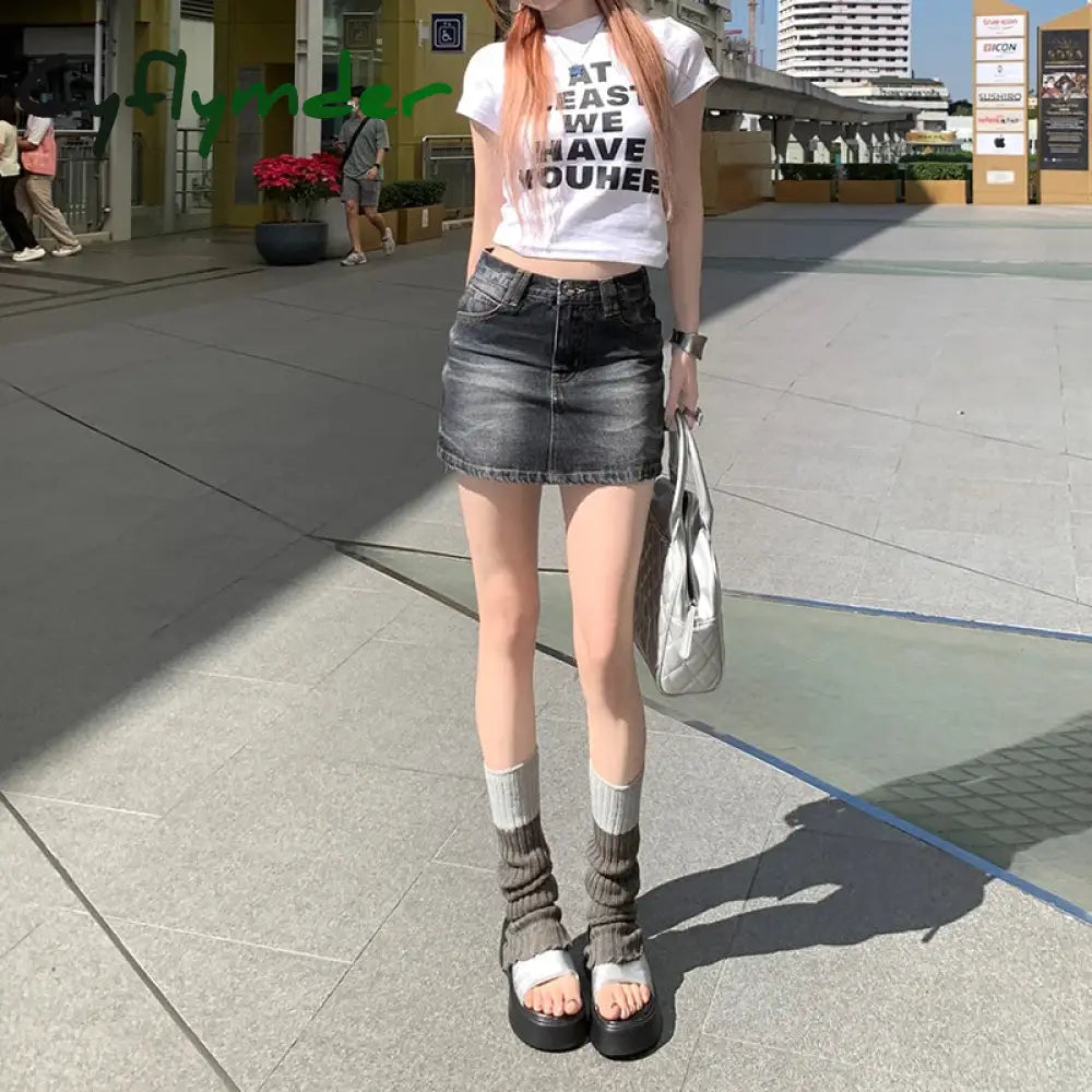 Cyflymder y2k outfit ideas American Retro Classic Washed Denim Skirt Summer Fashion Women’s Low Waisted Loose A-line