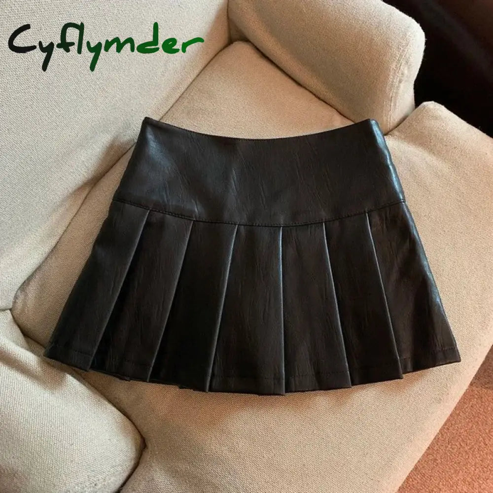 Cyflymder Y2K Pu Leather Mini Skirt Women Vintage High Waist Pleated Skirts Streetwear Korean Black