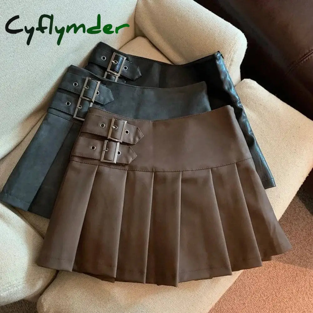 Cyflymder Y2K Pu Leather Mini Skirt Women Vintage High Waist Pleated Skirts Streetwear Korean Black