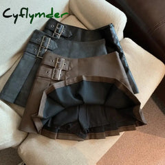 Cyflymder Y2K Pu Leather Mini Skirt Women Vintage High Waist Pleated Skirts Streetwear Korean Black