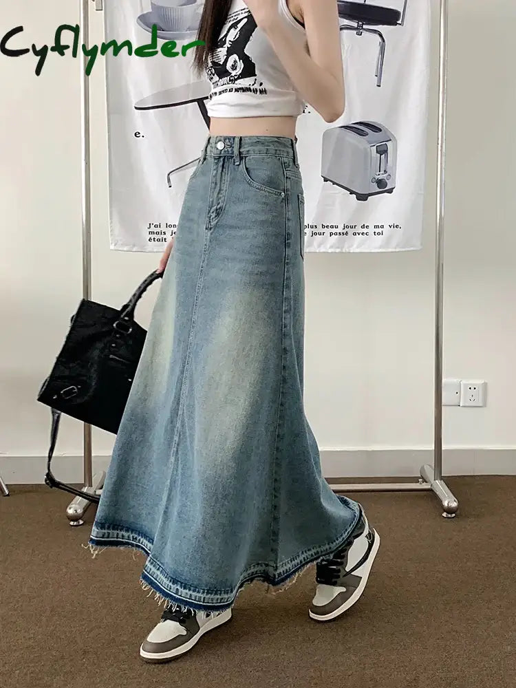 Cyflymder Y2k Raw Edge Stitch Maxi Denim Skirt Plain Casual High Waist Long Jeans Skirt Korean Dongdaemun Retro Women