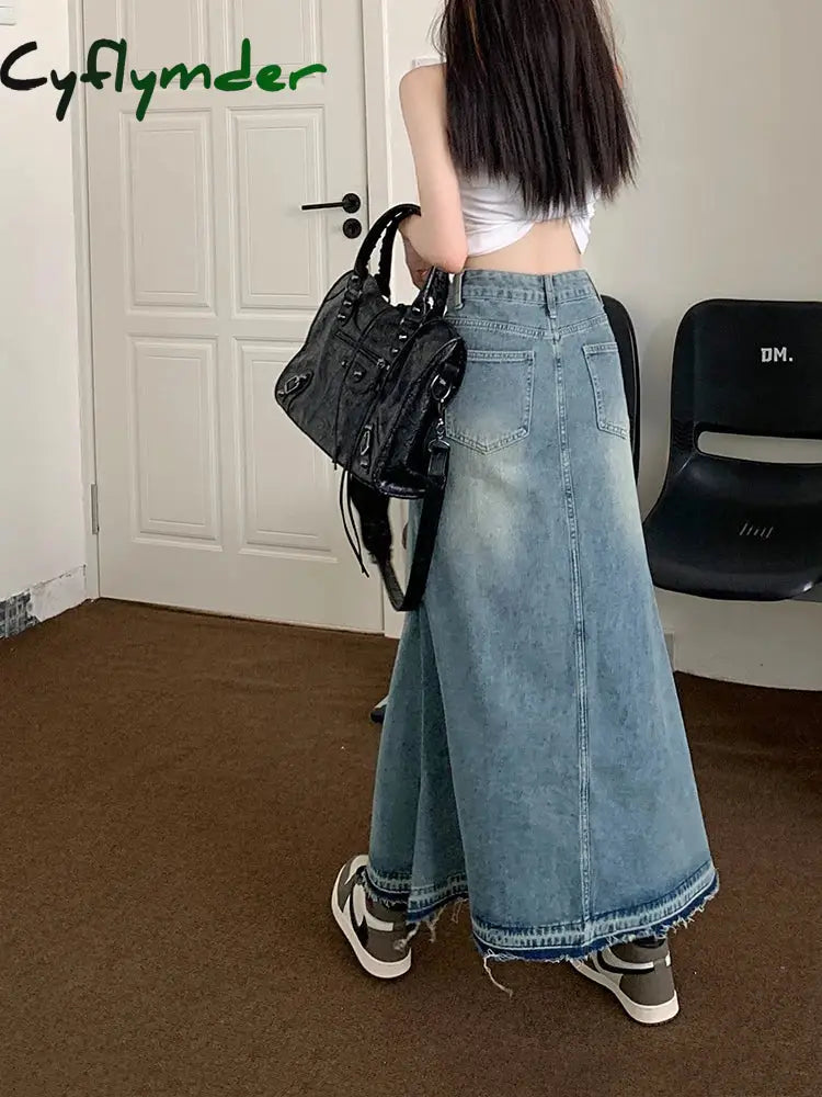 Cyflymder Y2k Raw Edge Stitch Maxi Denim Skirt Plain Casual High Waist Long Jeans Skirt Korean Dongdaemun Retro Women