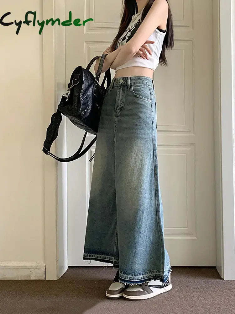 Cyflymder Y2k Raw Edge Stitch Maxi Denim Skirt Plain Casual High Waist Long Jeans Skirt Korean Dongdaemun Retro Women