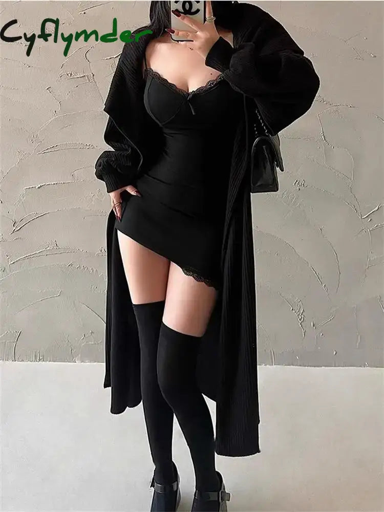 Cyflymder Y2K Retro Lace Patchwork Spaghetti Strap Black Bodycon Dress Mini Fashion Aesthetic Bow
