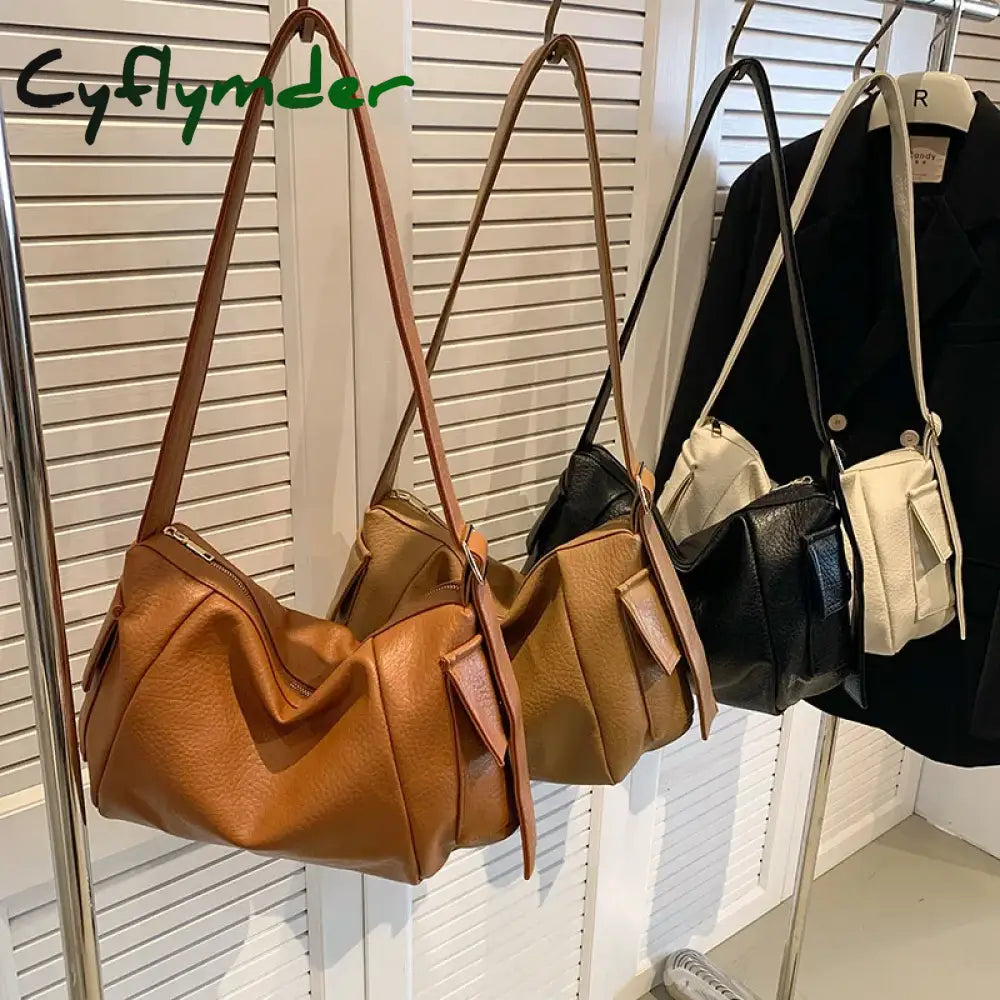 Cyflymder Y2K Solid Color Big Shoulder Bags For Women Korean Fashion Lady Retro Pu Leather Underarm