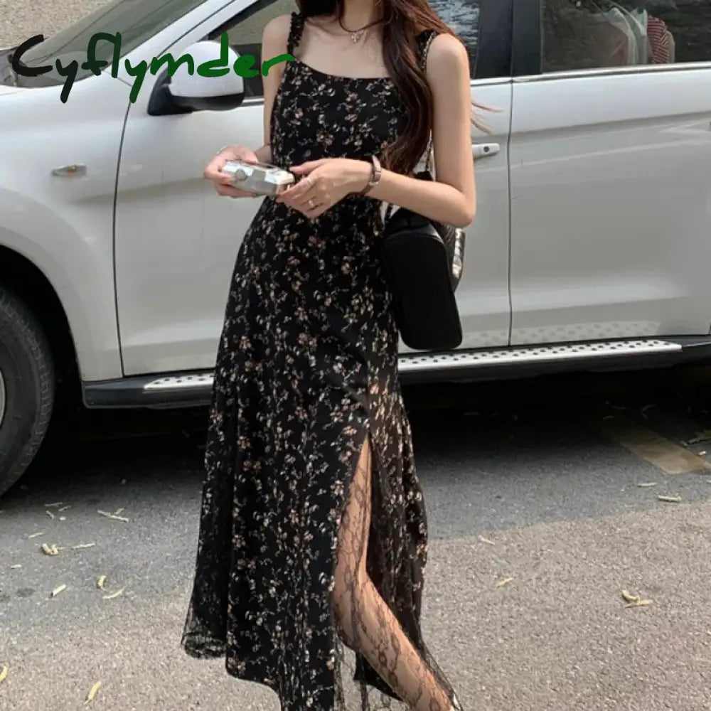 Cyflymder Y2K Vintage Black Floral Dresses Women Korean Irregular Split Sexy Sleeveless Mesh Camis