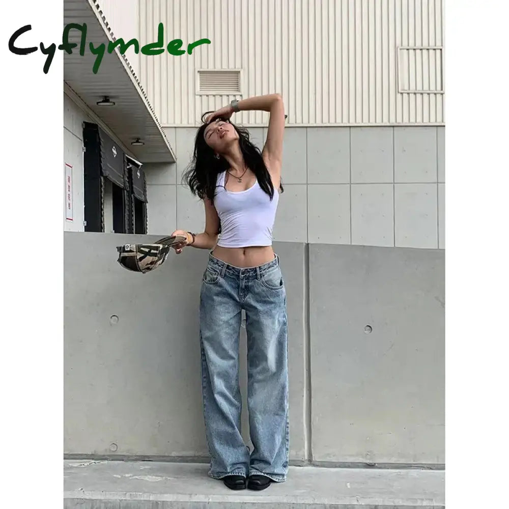 Cyflymder Y2K Vintage High Waisted Blue Washed And Distressed Jeans Fashion Harajuku Baggy Straight