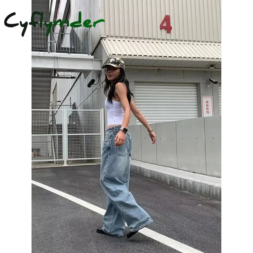 Cyflymder Y2K Vintage High Waisted Blue Washed And Distressed Jeans Fashion Harajuku Baggy Straight