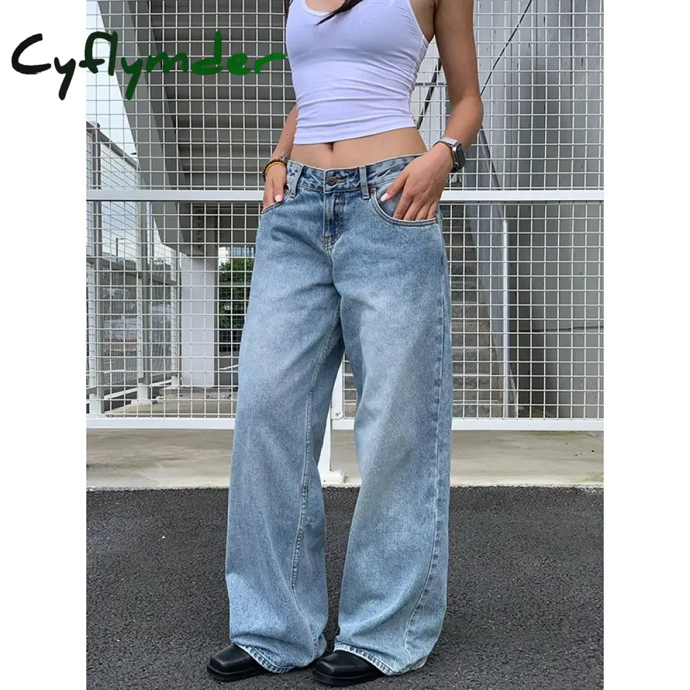 Cyflymder Y2K Vintage High Waisted Blue Washed And Distressed Jeans Fashion Harajuku Baggy Straight