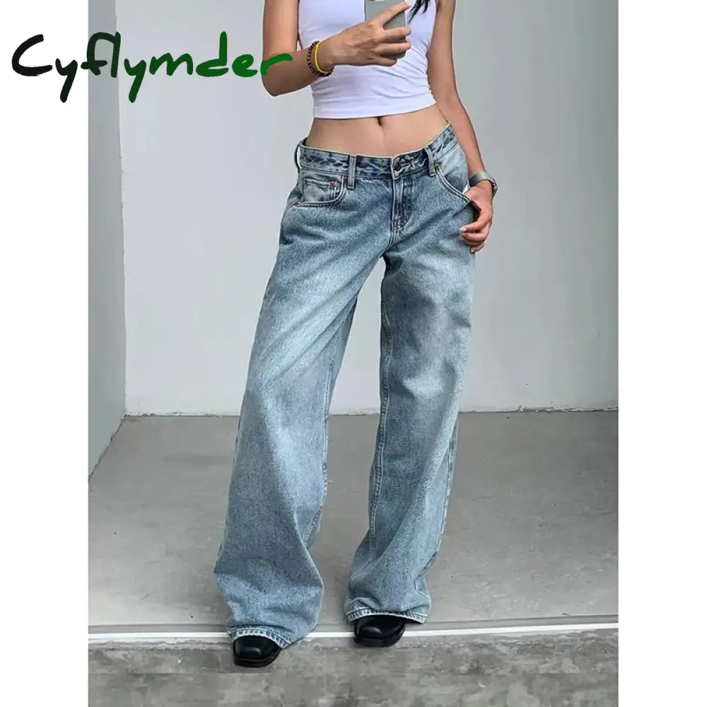 Y2k Vintage High Waisted Blue Washed and Distressed Jeans Fashion Harajuku Baggy Straight Pants Casual Classic  Trousers Autumn
