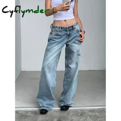 Y2k Vintage High Waisted Blue Washed and Distressed Jeans Fashion Harajuku Baggy Straight Pants Casual Classic  Trousers Autumn