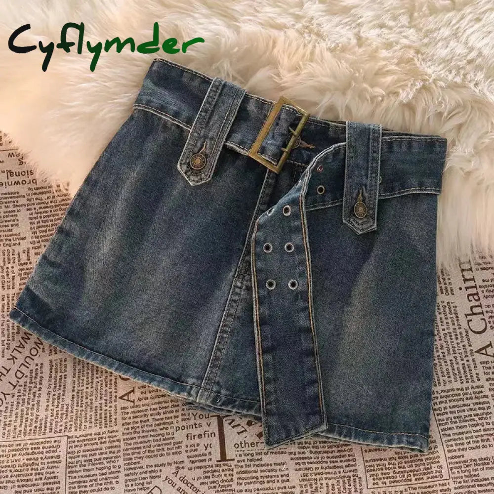 Cyflymder Y2K Vintage Women Korean Button Belted Short Denim Mini Skirts Aesthetic Fairy Grunge