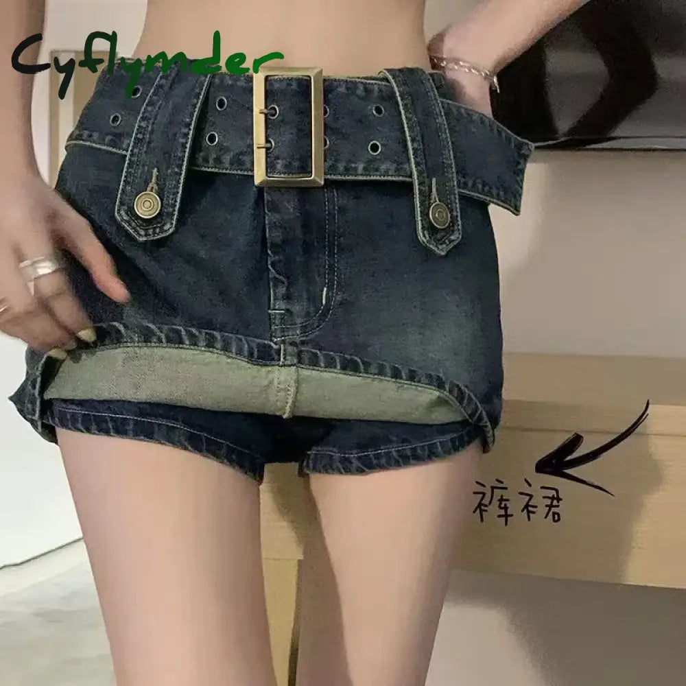 Cyflymder Y2K Vintage Women Korean Button Belted Short Denim Mini Skirts Aesthetic Fairy Grunge