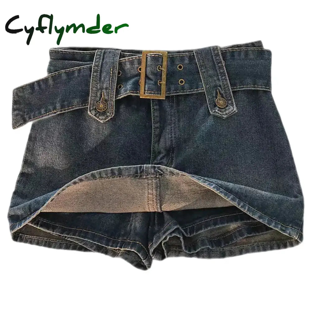 Cyflymder Y2K Vintage Women Korean Button Belted Short Denim Mini Skirts Aesthetic Fairy Grunge