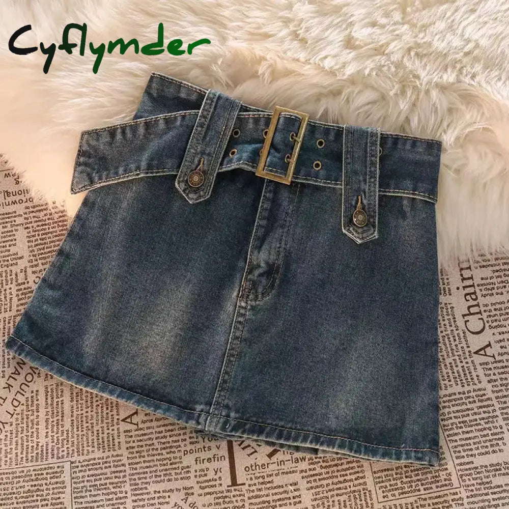 Cyflymder Y2K Vintage Women Korean Button Belted Short Denim Mini Skirts Aesthetic Fairy Grunge