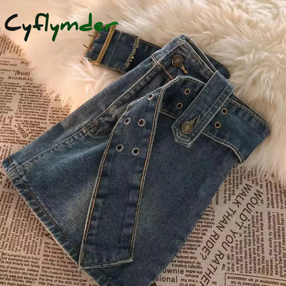 Cyflymder Y2K Vintage Women Korean Button Belted Short Denim Mini Skirts Aesthetic Fairy Grunge