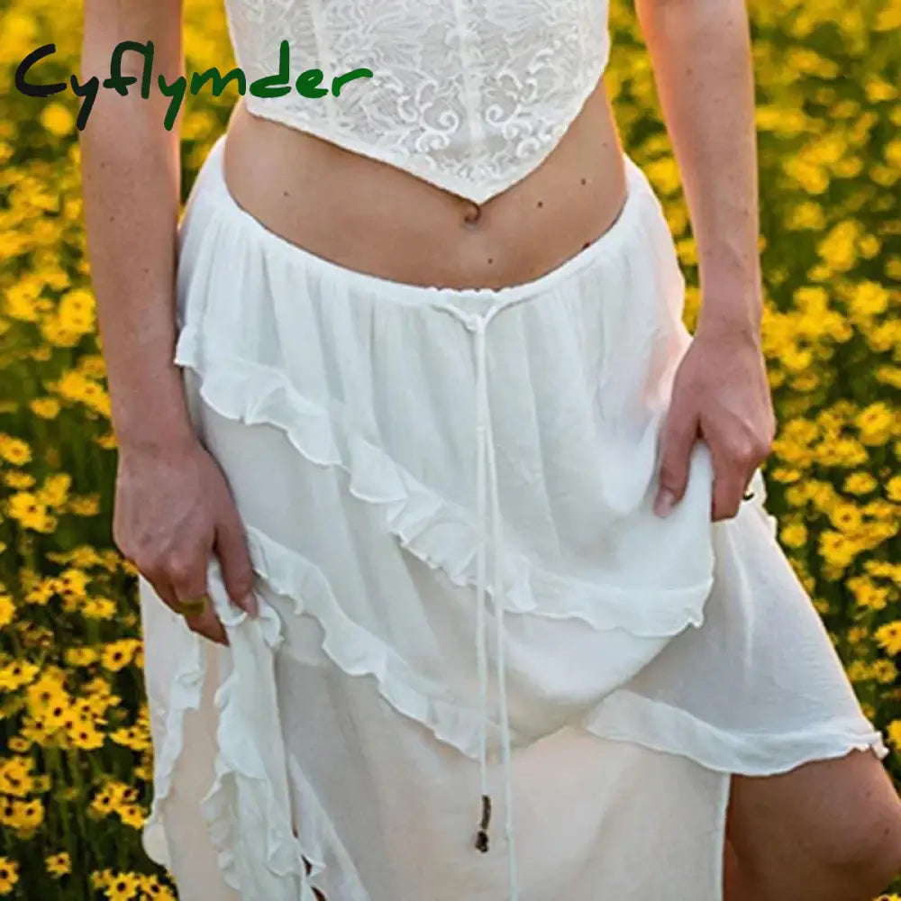 Cyflymder Y2K White Trim Midi Skirts Women Split Low Waisted Tie Up Long Fairycore Summer French