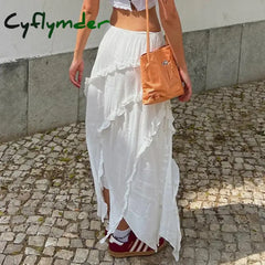 Cyflymder Y2K White Trim Midi Skirts Women Split Low Waisted Tie Up Long Fairycore Summer French