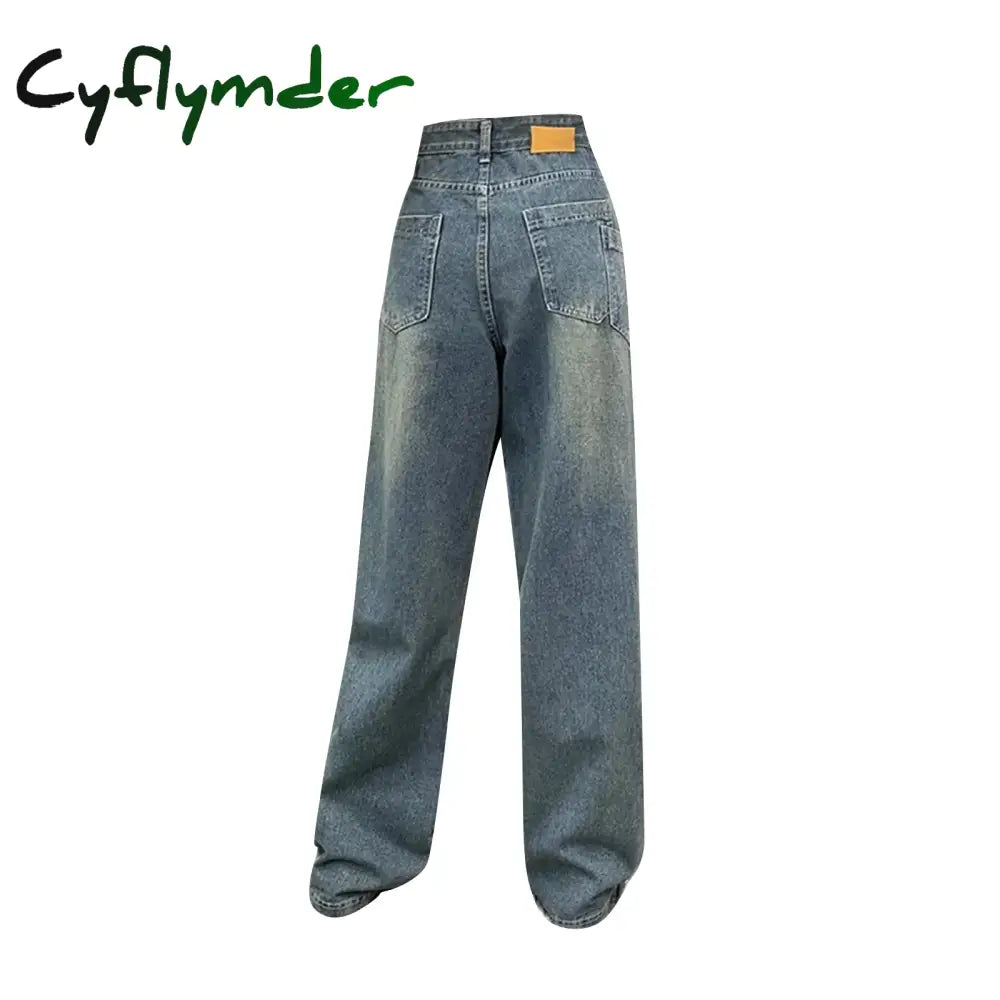 Cyflymder Y2K Women Vintage Streetwear Korean Baggy Blue Jeans High Waist Straight Wide Leg Pants