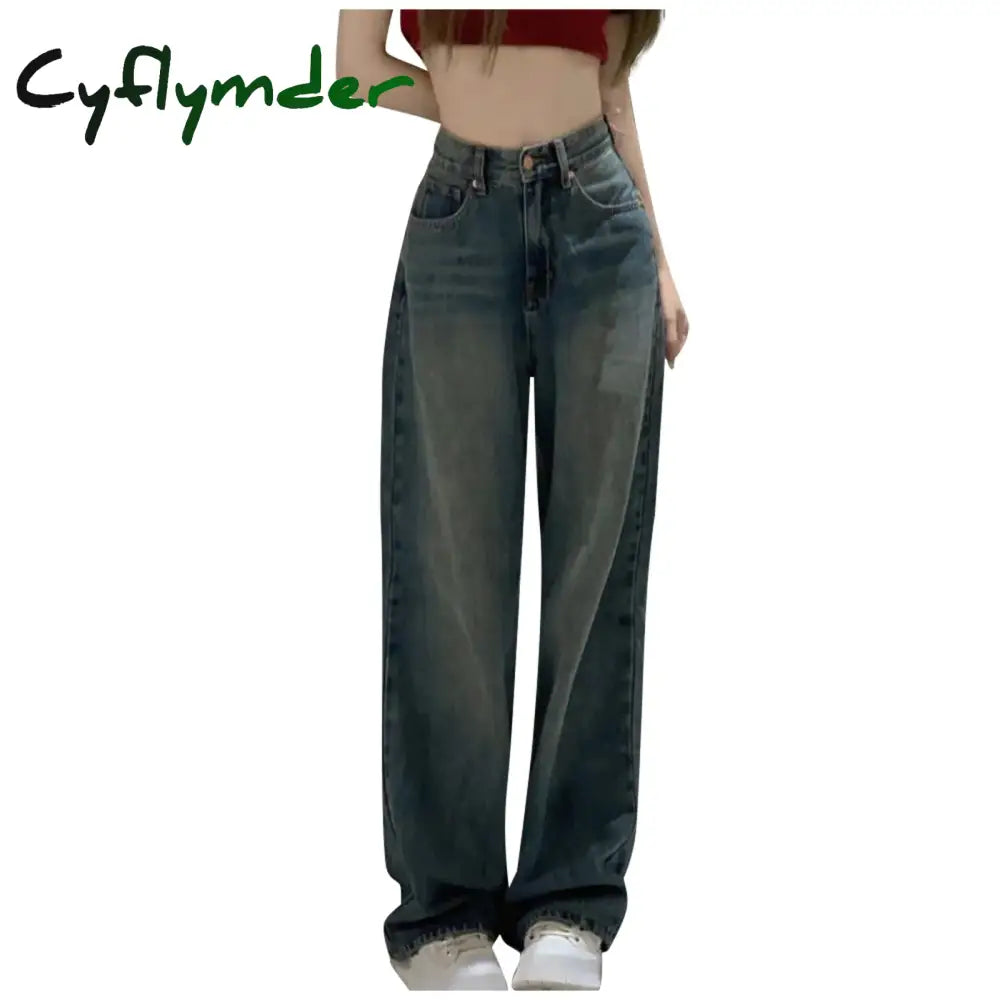 Cyflymder Y2K Women Vintage Streetwear Korean Baggy Blue Jeans High Waist Straight Wide Leg Pants