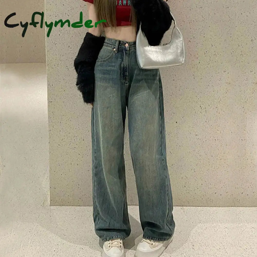 Cyflymder Y2K Women Vintage Streetwear Korean Baggy Blue Jeans High Waist Straight Wide Leg Pants