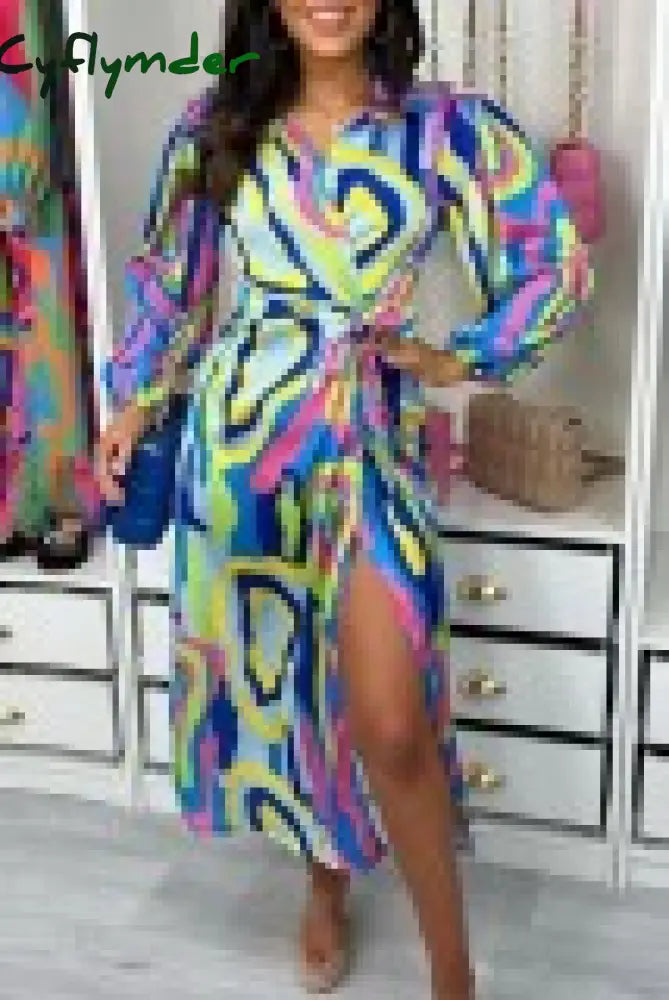 Cyflymder - Yellow Casual Print Bandage Turndown Collar Long Sleeve Dresses Blue / S