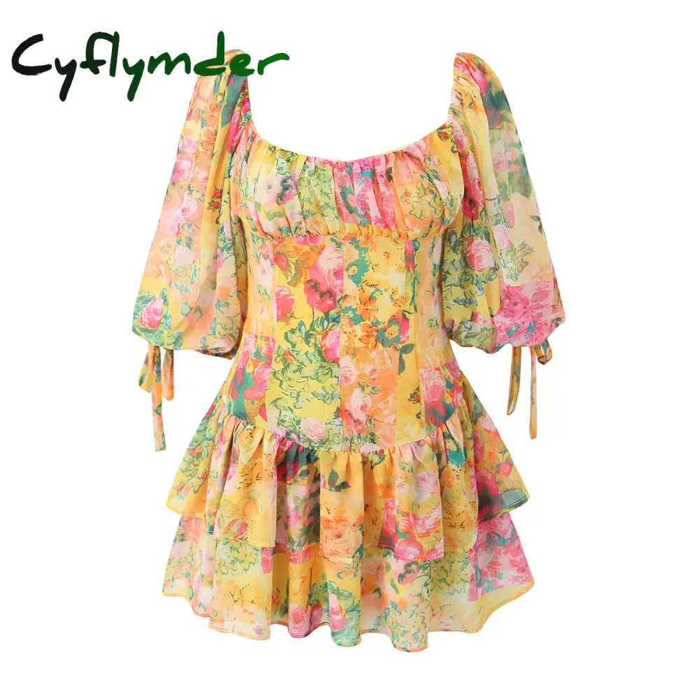 Cyflymder Yellow Flower Print Ruched Chest Corset Style Mini Dress Women Half Puff Sleeve Low Waist