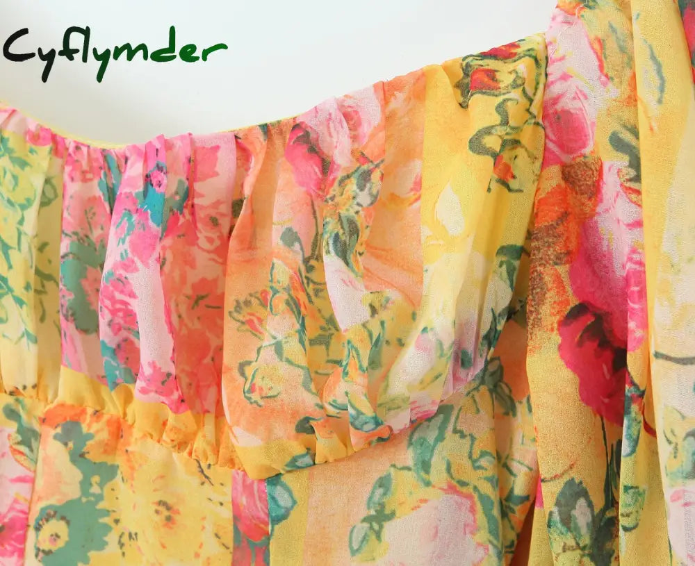 Cyflymder Yellow Flower Print Ruched Chest Corset Style Mini Dress Women Half Puff Sleeve Low Waist