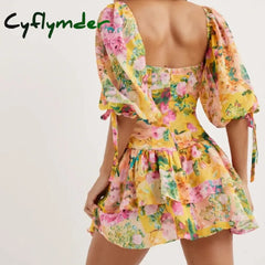 Cyflymder Yellow Flower Print Ruched Chest Corset Style Mini Dress Women Half Puff Sleeve Low Waist