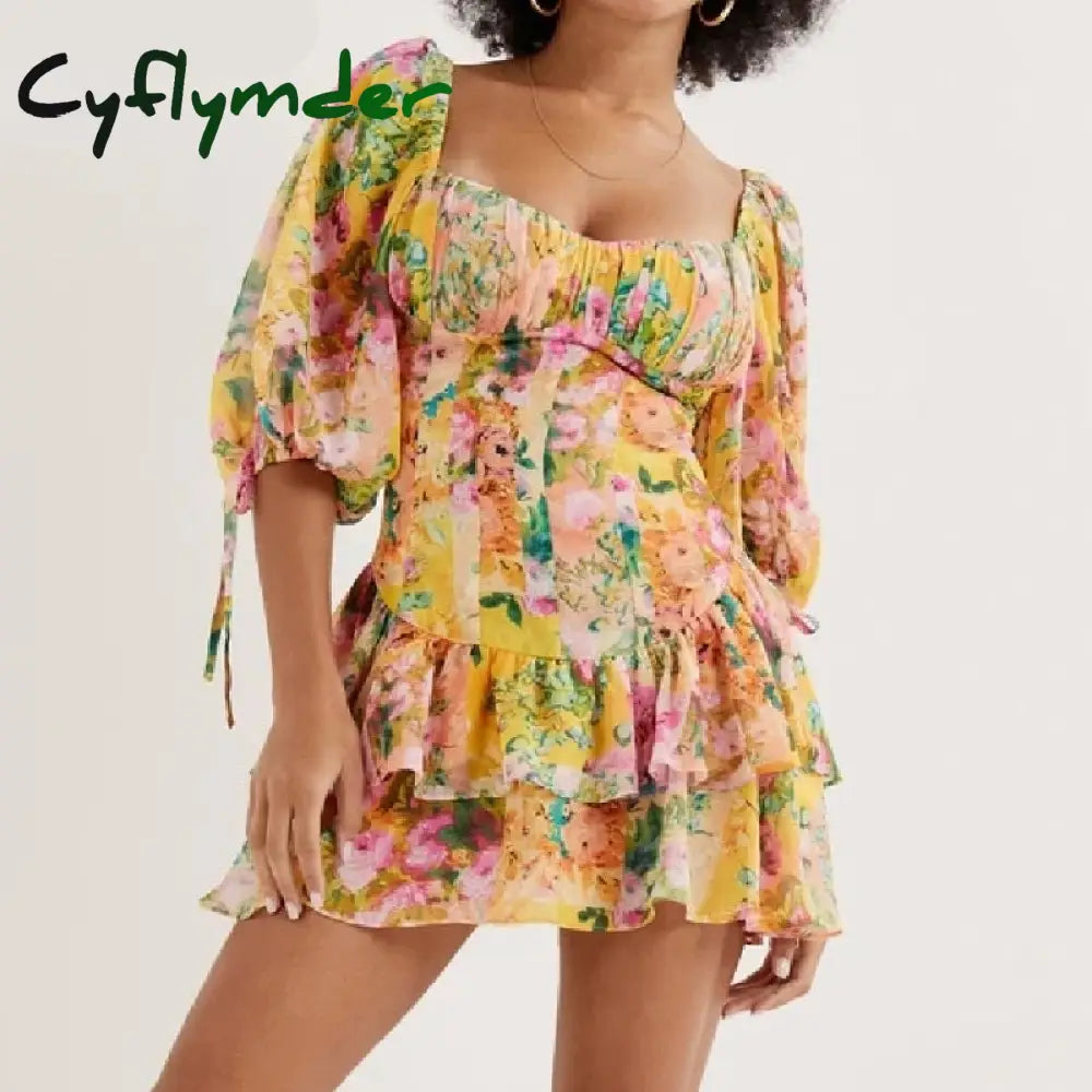 Yellow Flower Print Ruched Chest Corset style Mini Dress Women Half Puff Sleeve Low Waist Irregular Ruffles Hem Short Robe