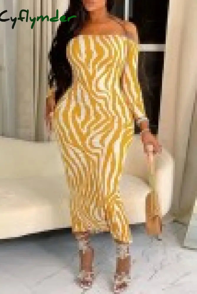 Cyflymder - Zebra Casual Print Backless Off The Shoulder One Step Skirt Dresses Yellow / S