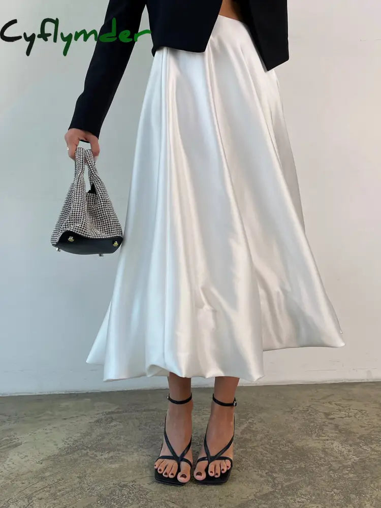 Cyflymder- Zippered Satin A-Line Midi Skirt Off-White / Xs Skirts